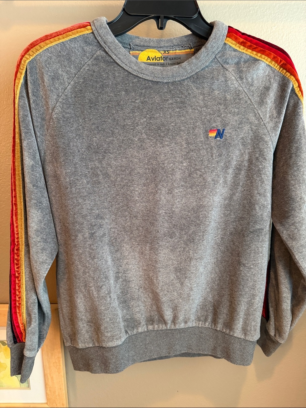 Aviator Nation Gray Crew Sweatshirt with Red & Yellow Sleeve Stripes